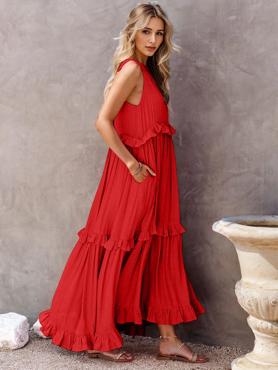 Full Size Ruffled Sleeveless Tiered Maxi Dress with Pockets **available in 8 colors