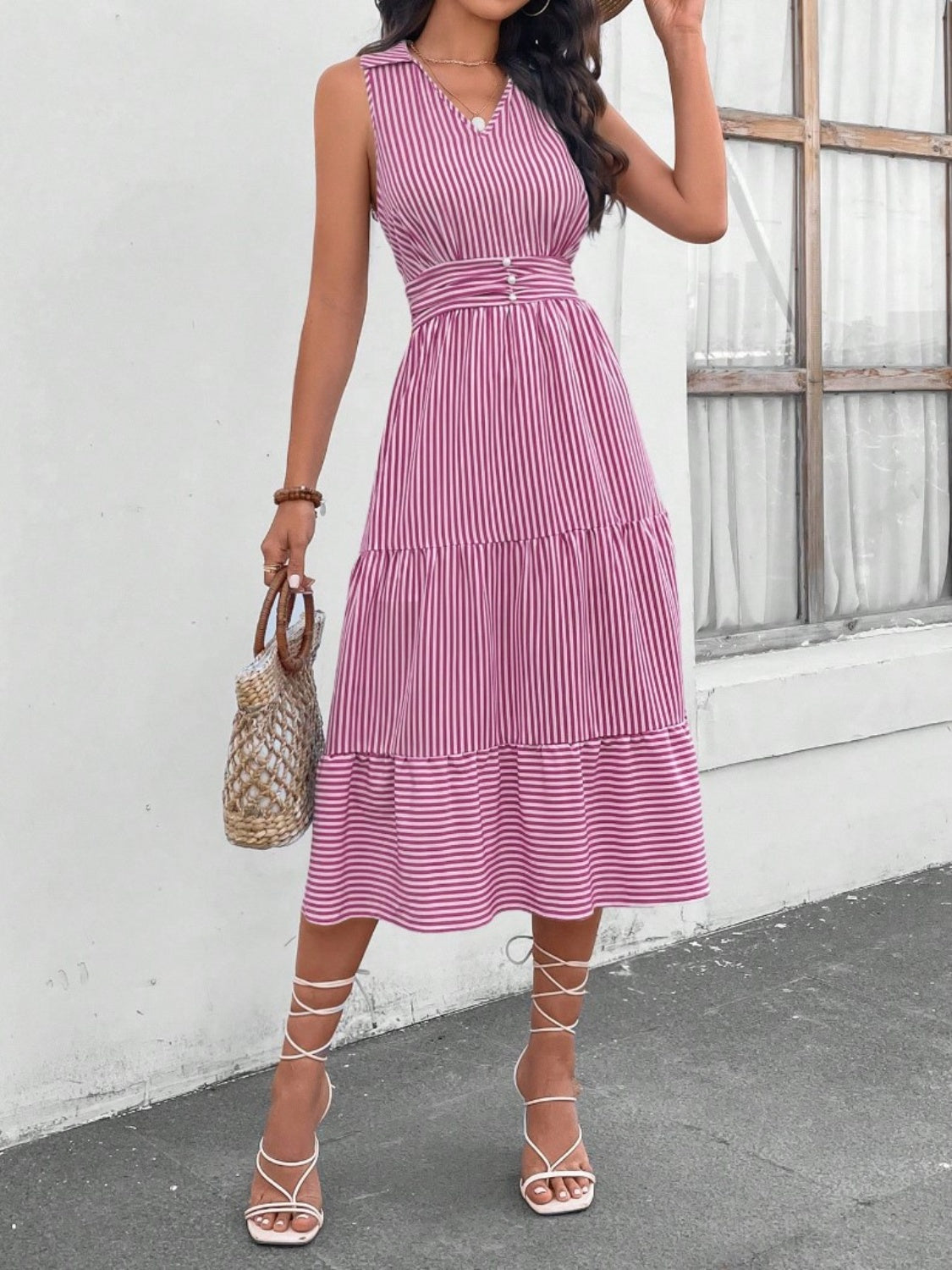 Striped Johnny Collar Sleeveless Midi Dress **also in misty blue, pink, yellow, mauve, dusty blue, lavender