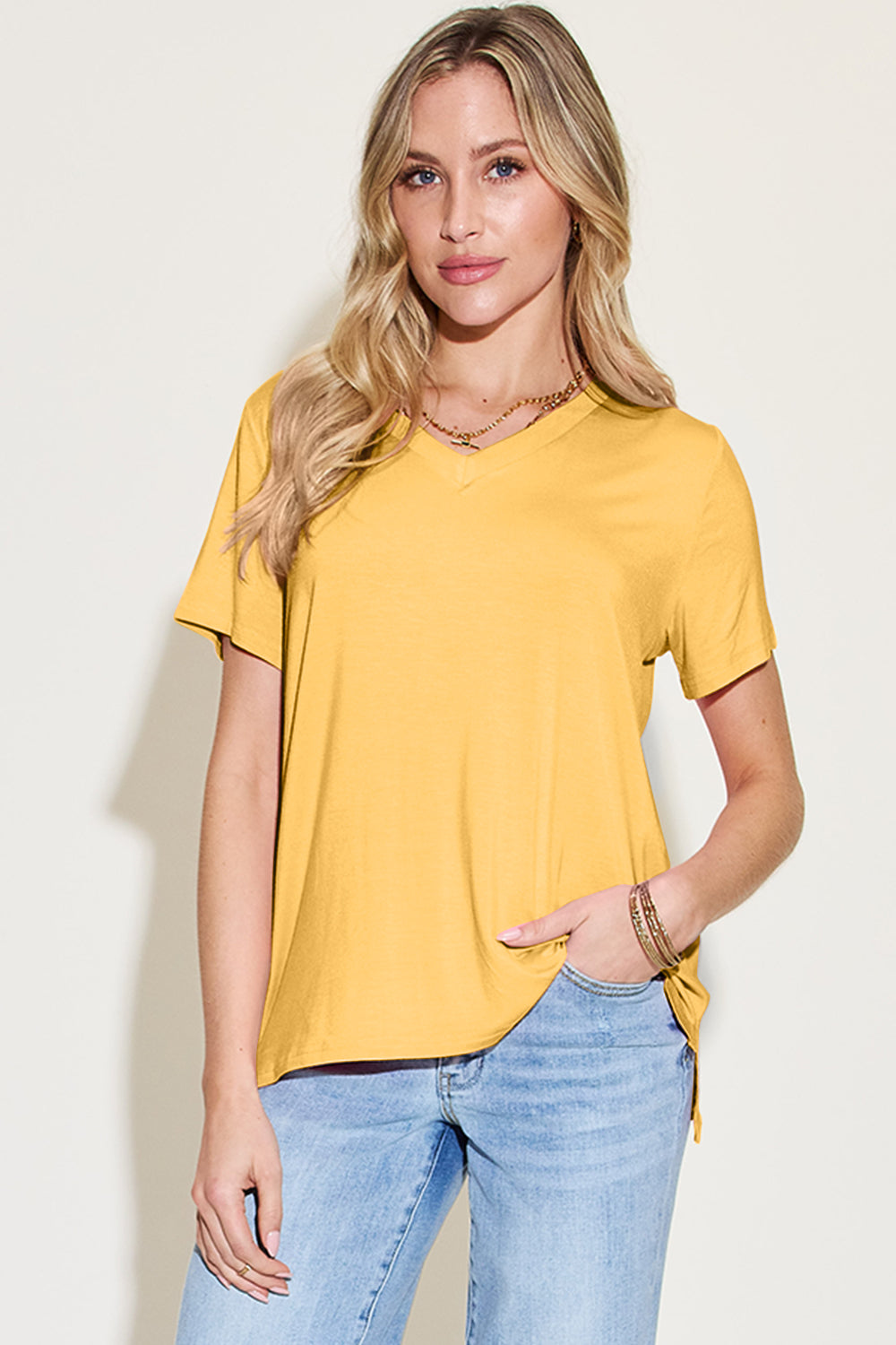 Basic Bae Bamboo Full Size V-Neck High-Low T-Shirt **also in coral, black, white, and lavendar