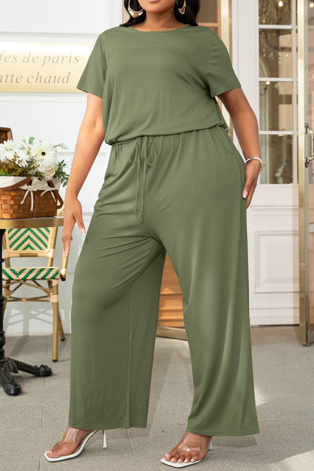 Plus Size Drawstring Waist Short Sleeve Jumpsuit **also in forest, wine, moss, and tan