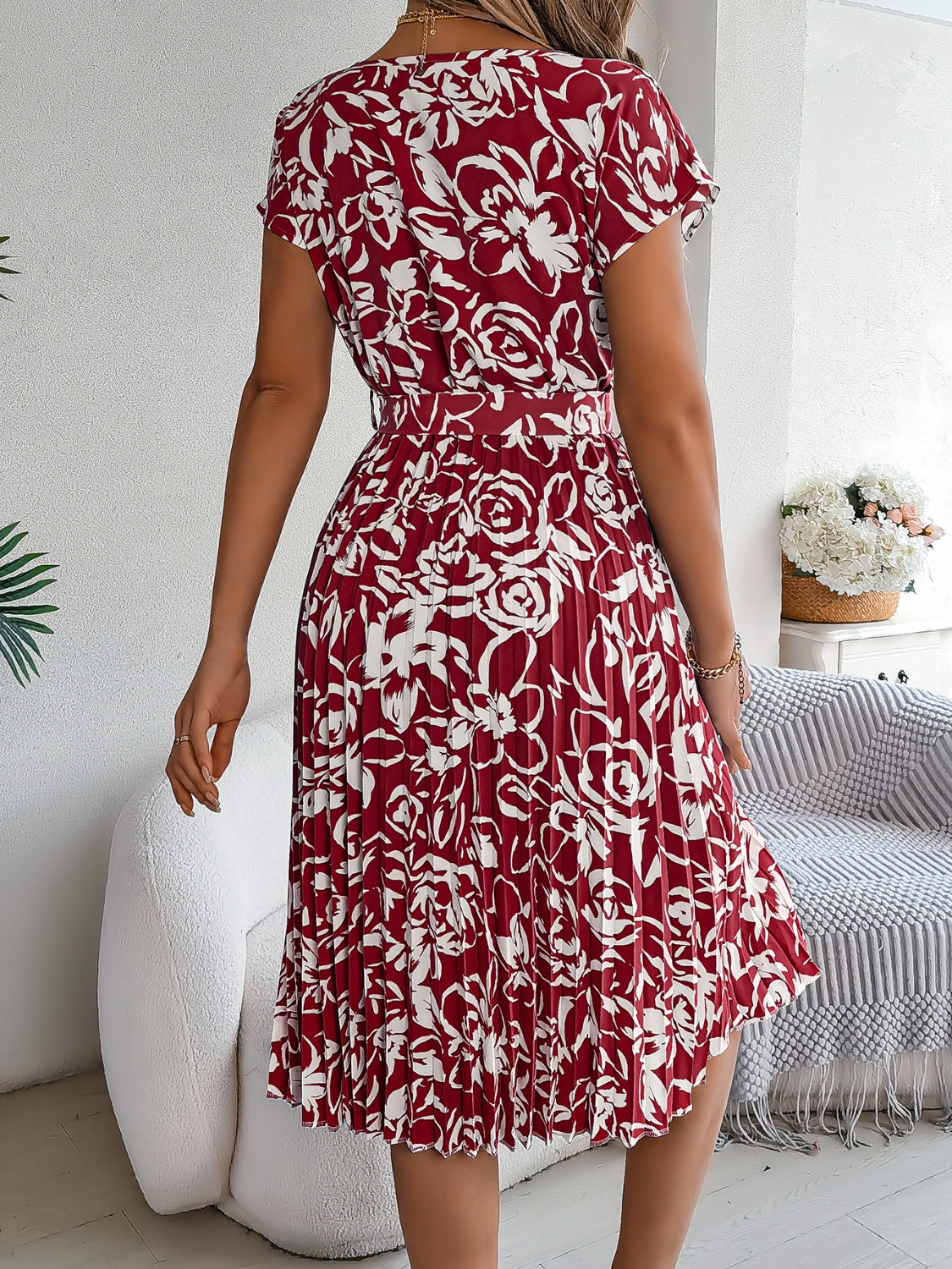 Tied Pleated Printed Short Sleeve Dress **also in pink, burgundy, pastel blue, and green