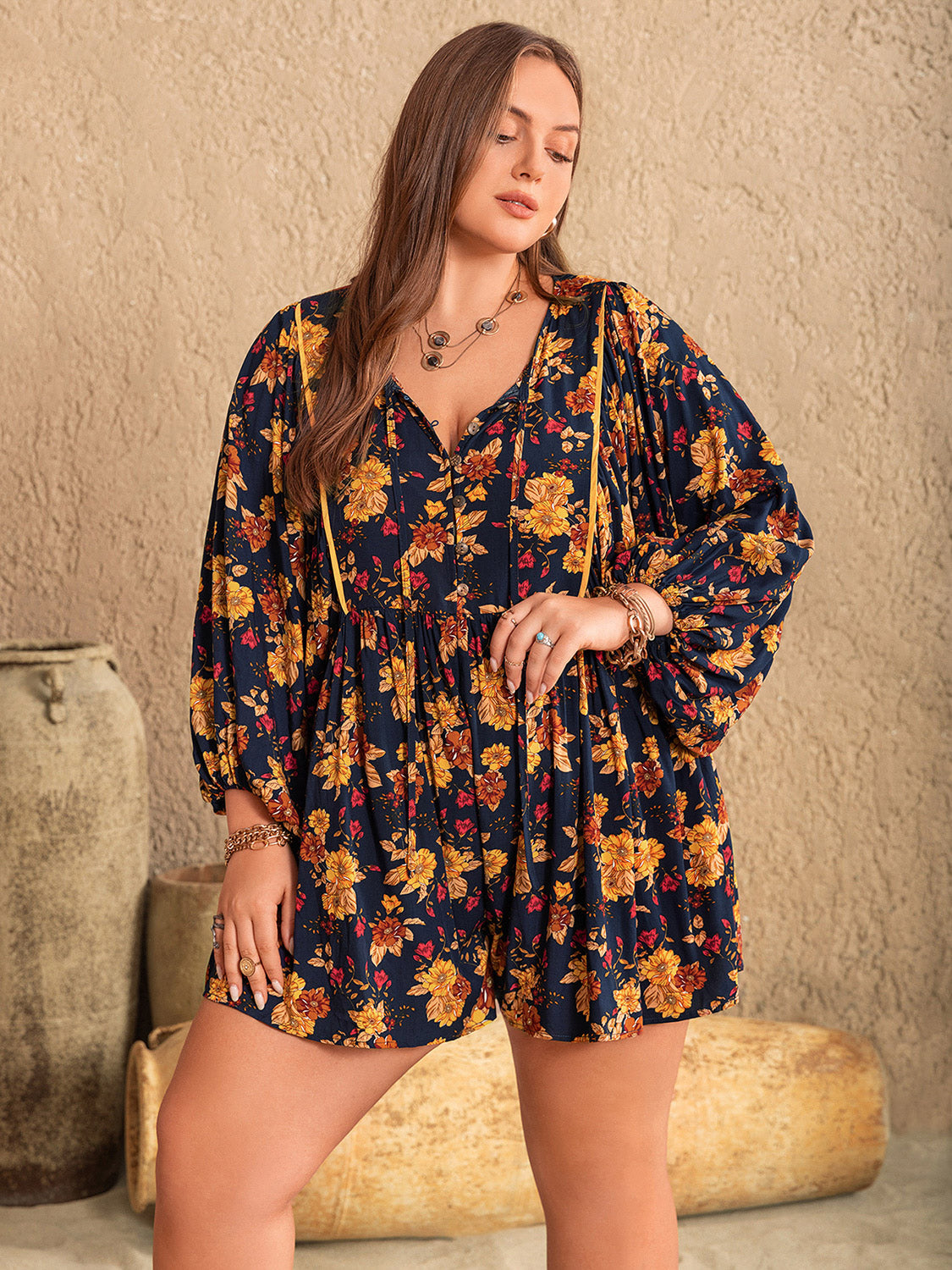 Plus Size Floral Tie Neck Balloon Sleeve Romper **also in pumpkin and pastel blue