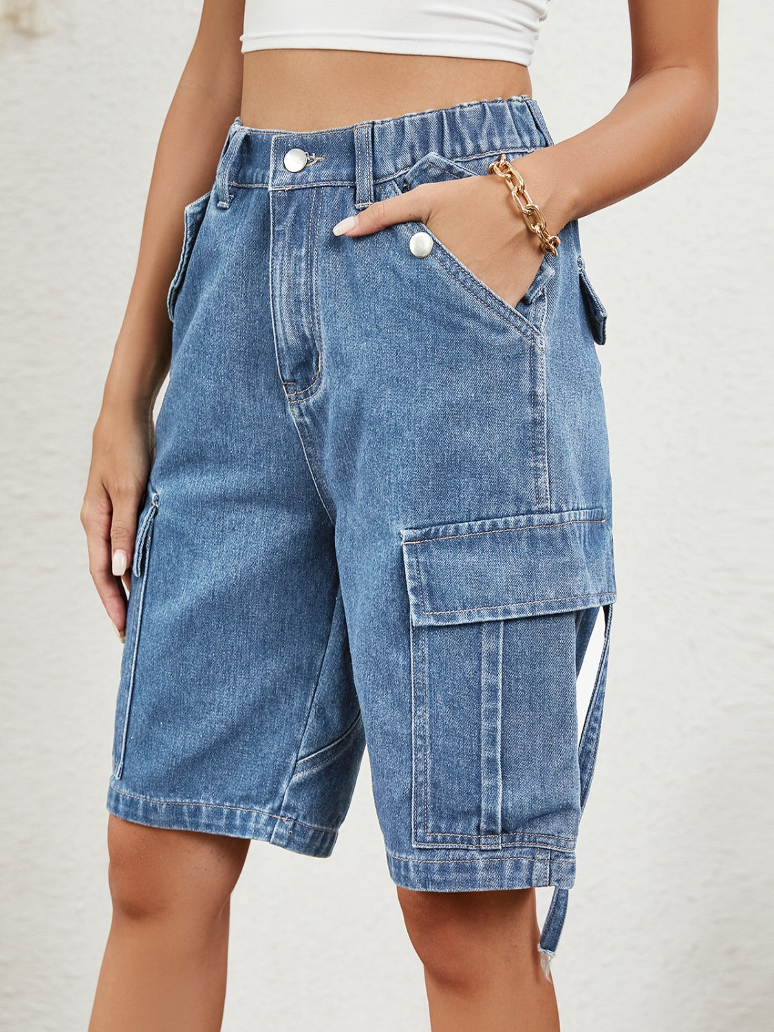 High Waist Denim Shorts with Pockets **also in medium blue, tan, and black