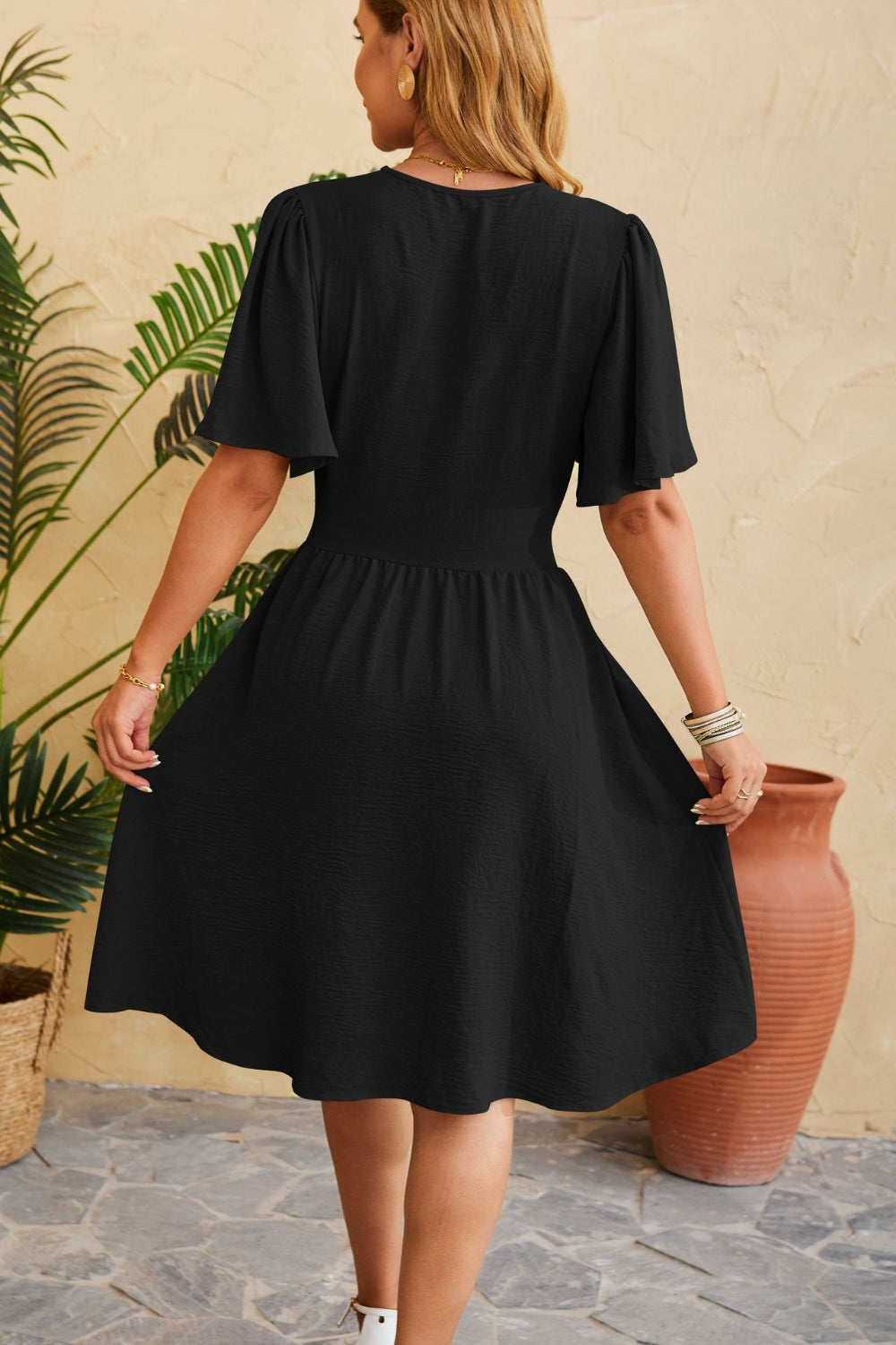 Ruched Surplice Short Sleeve Dress **also in light blue, black, and white