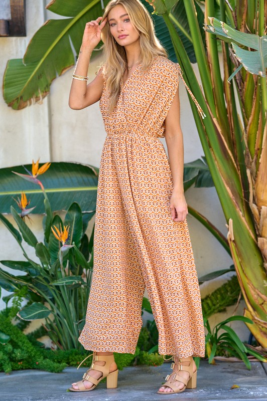 Davi & Dani Printed V-Neck Sleeveless Jumpsuit