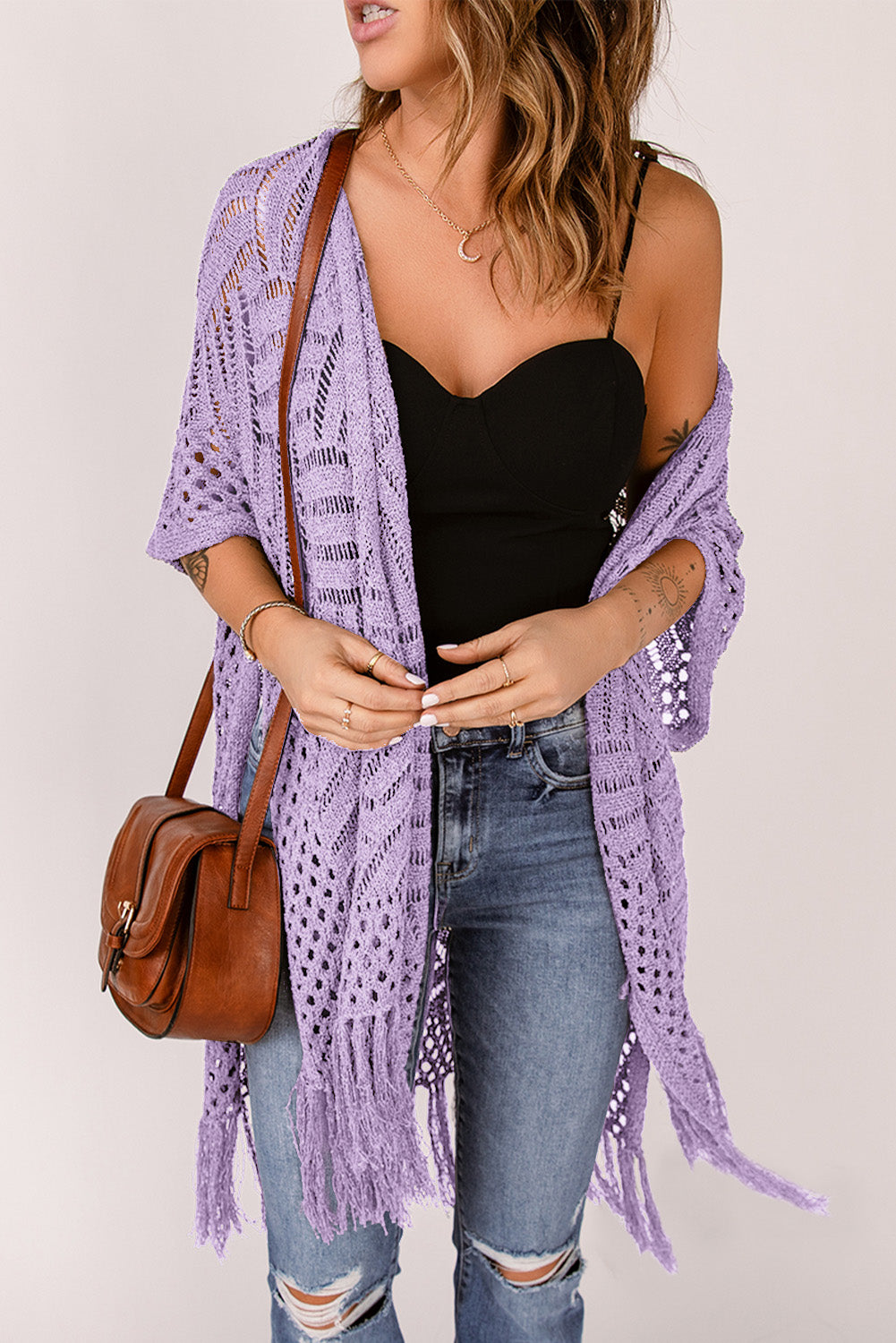 SYNZ Openwork Open Front Cardigan with Fringes **also in light or dark blue, lavender, and dark green