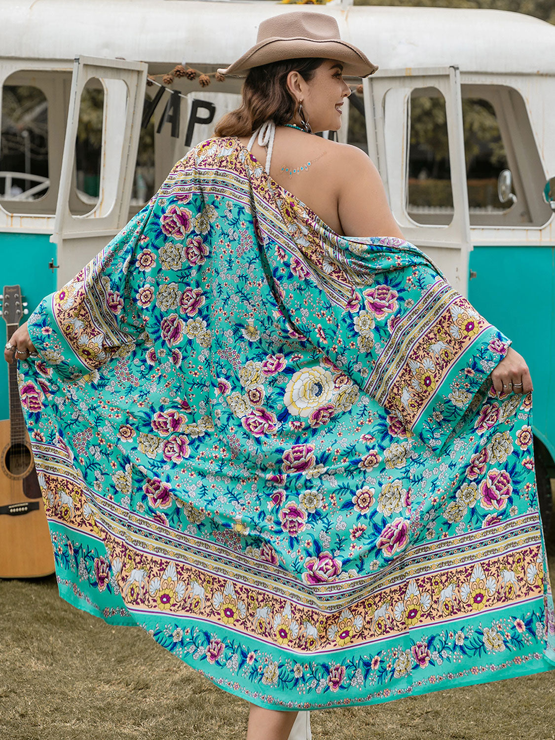 Double Take Plus Size Printed Open Front Longline Kimono **also in yellow and hot pink