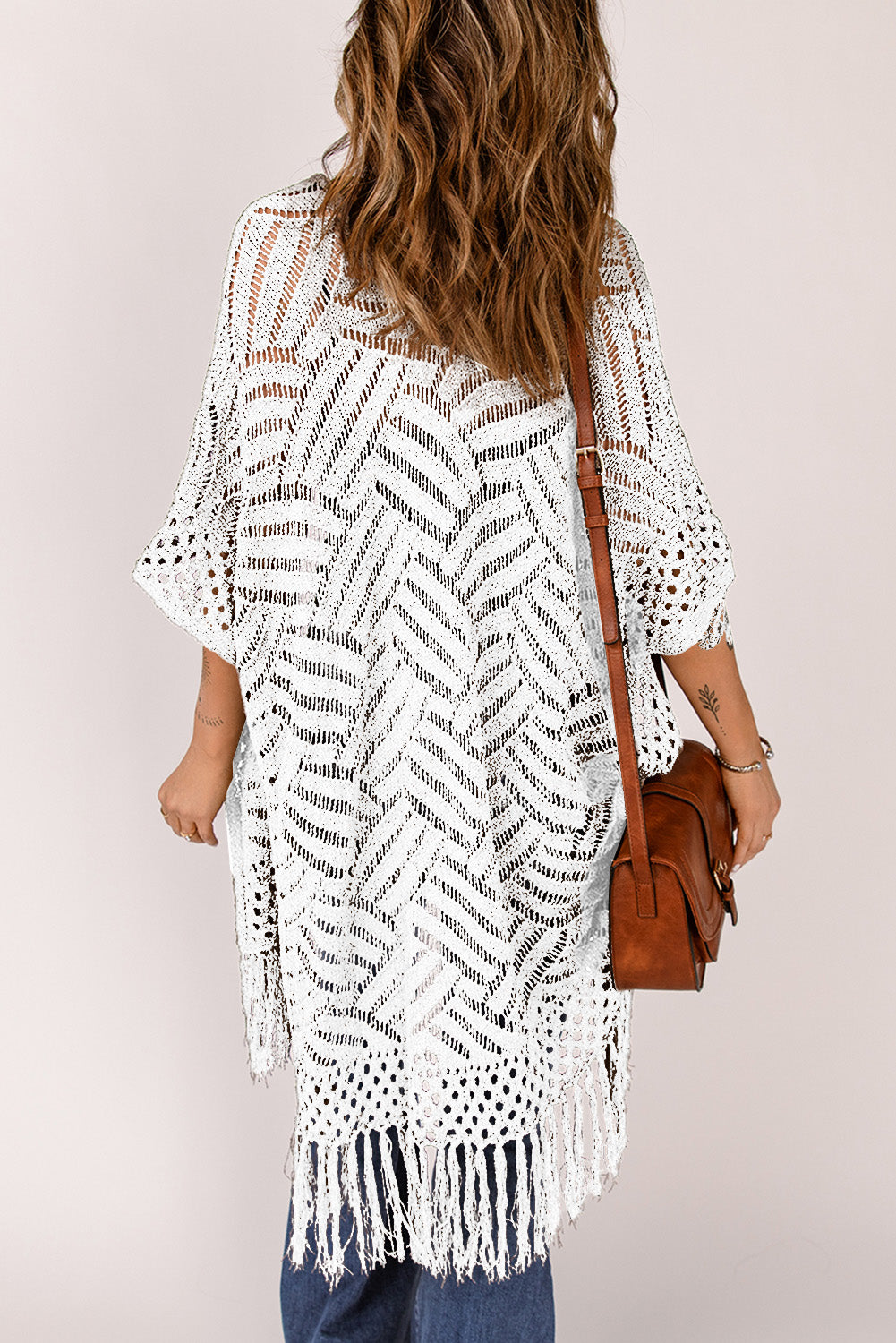 SYNZ Openwork Open Front Cardigan with Fringes **also in light or dark blue, lavender, and dark green