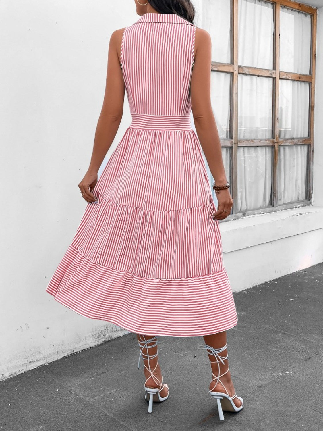 Striped Johnny Collar Sleeveless Midi Dress **also in misty blue, pink, yellow, mauve, dusty blue, lavender