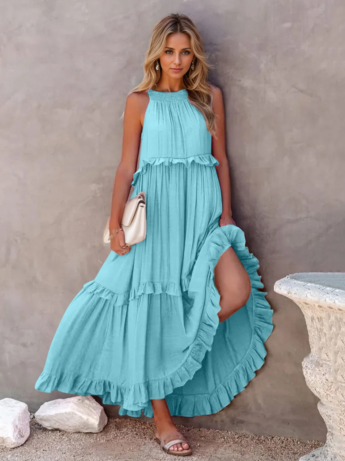 Full Size Ruffled Sleeveless Tiered Maxi Dress with Pockets **available in 8 colors