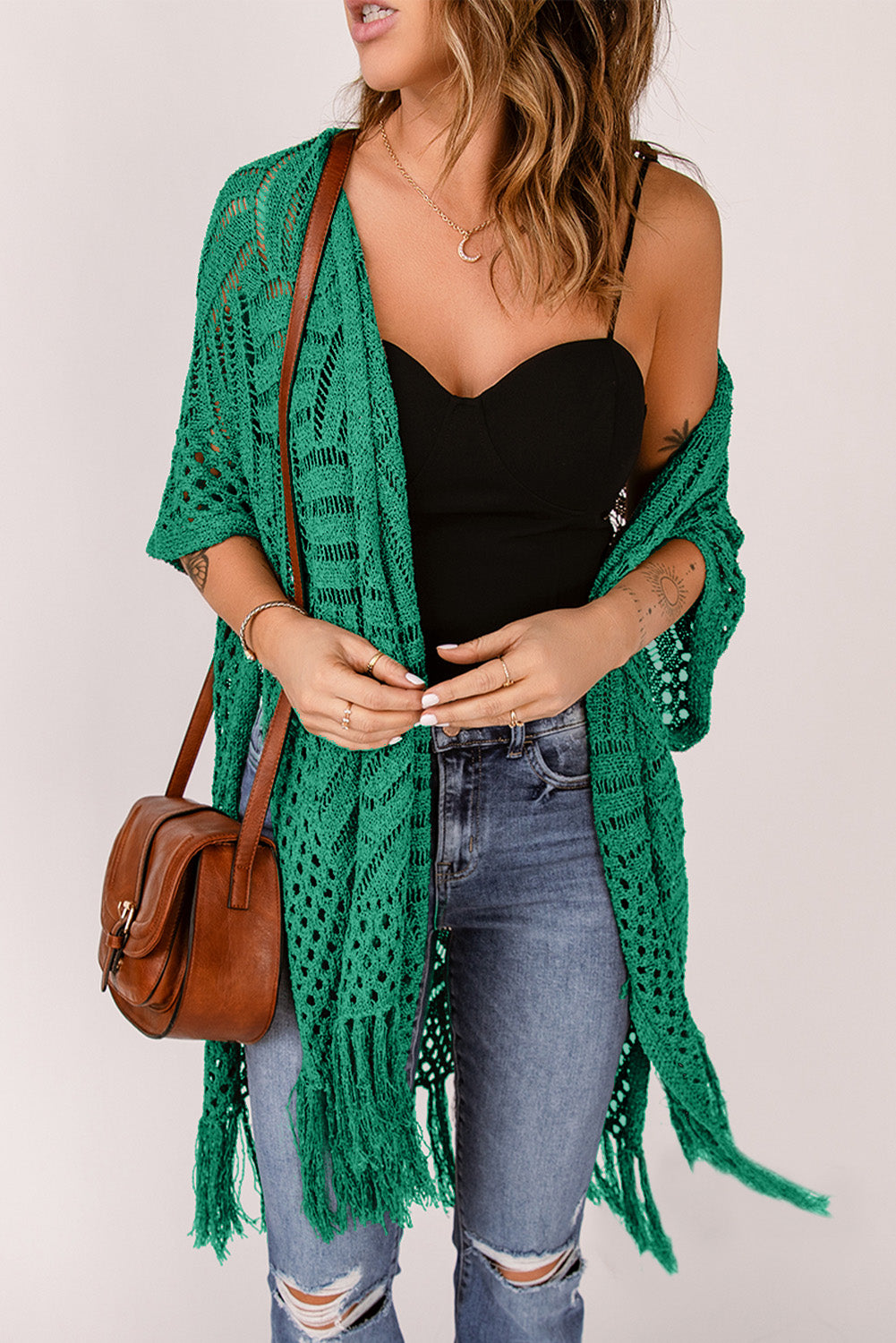 SYNZ Openwork Open Front Cardigan with Fringes **also in light or dark blue, lavender, and dark green