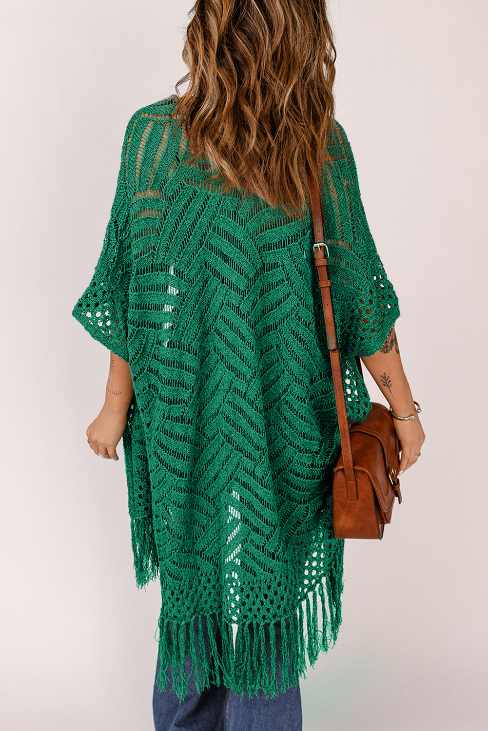 SYNZ Openwork Open Front Cardigan with Fringes **also in light or dark blue, lavender, and dark green