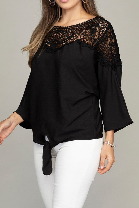 Nuvi Apparel - Lace Yolk Blouse with Tie **also available in black