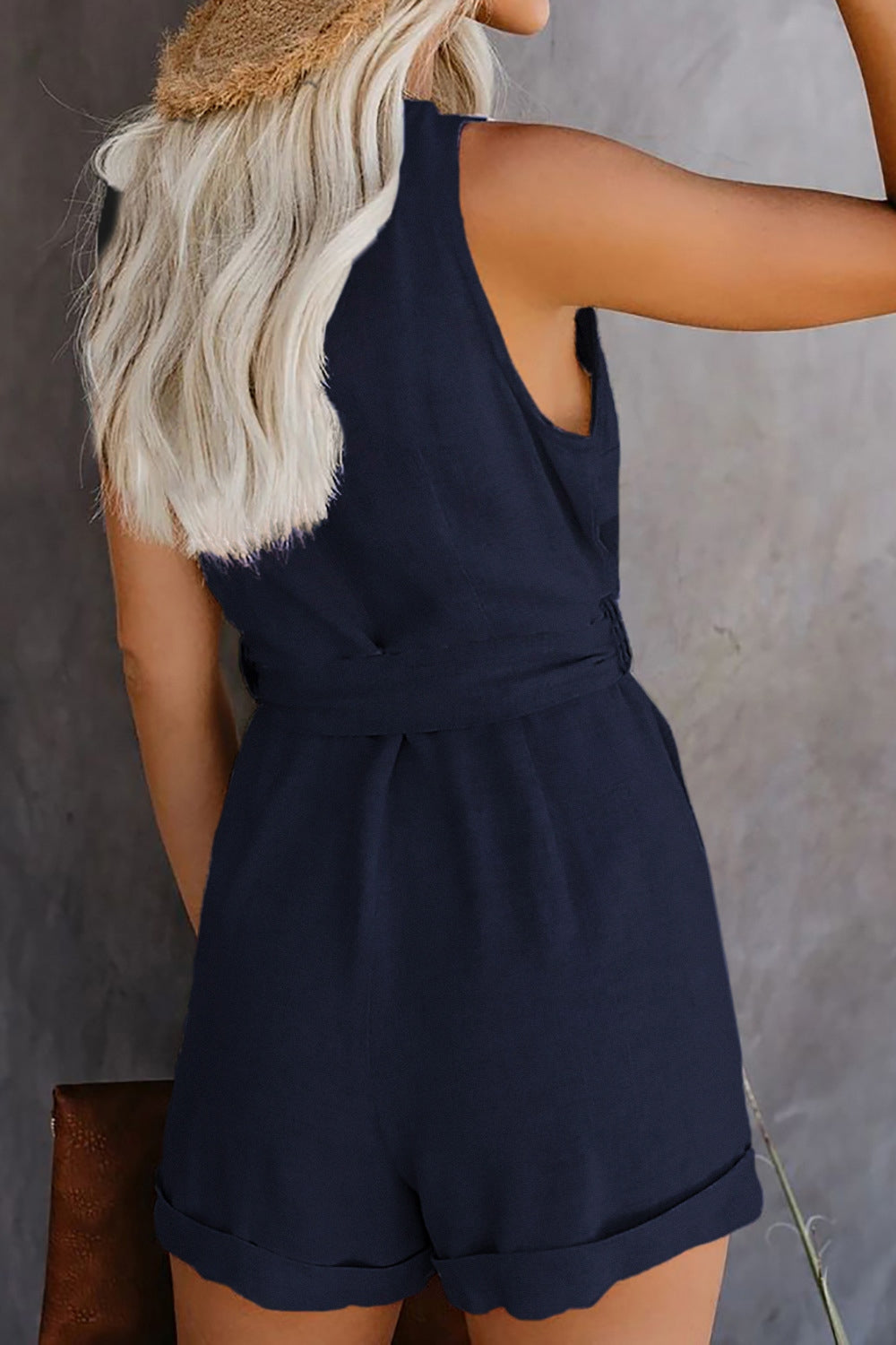 Full Size Tied V-Neck Sleeveless Romper with Pockets **available in 10 colors