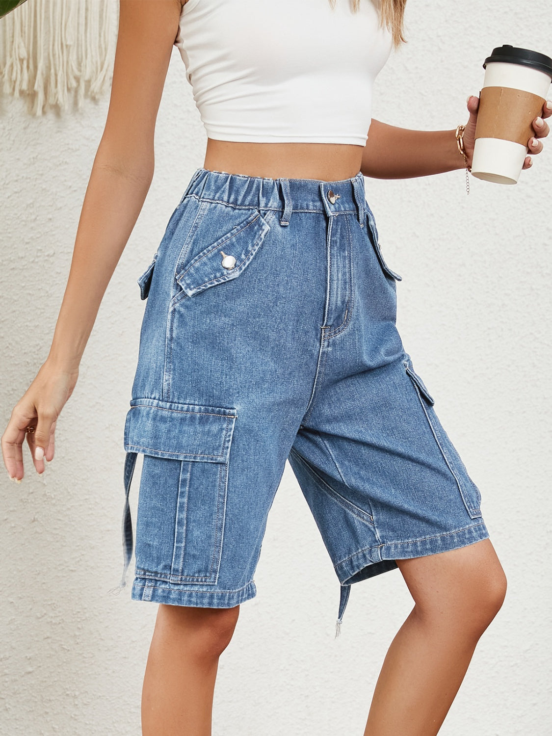 High Waist Denim Shorts with Pockets **also in medium blue, tan, and black