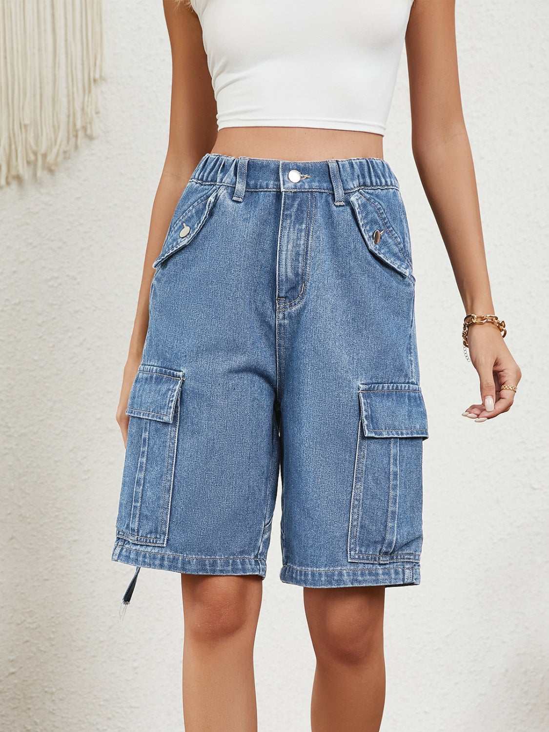 High Waist Denim Shorts with Pockets **also in medium blue, tan, and black