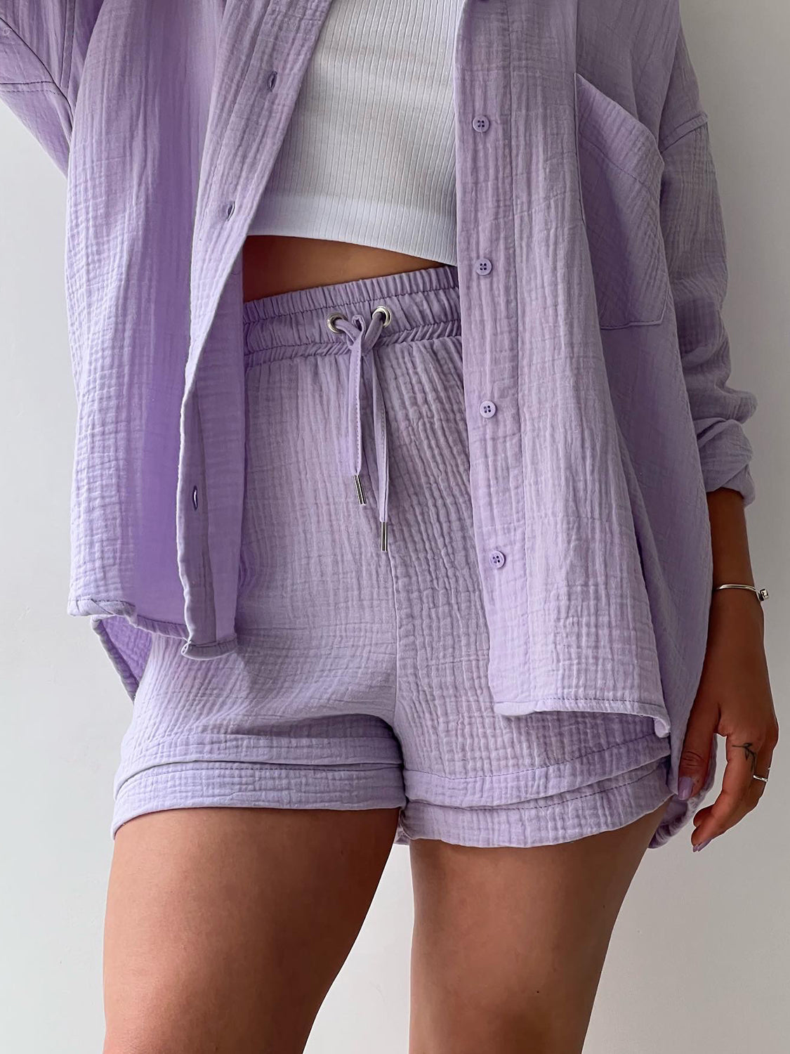 Texture Button Up Shirt and Drawstring Shorts Set **available in 11 colors