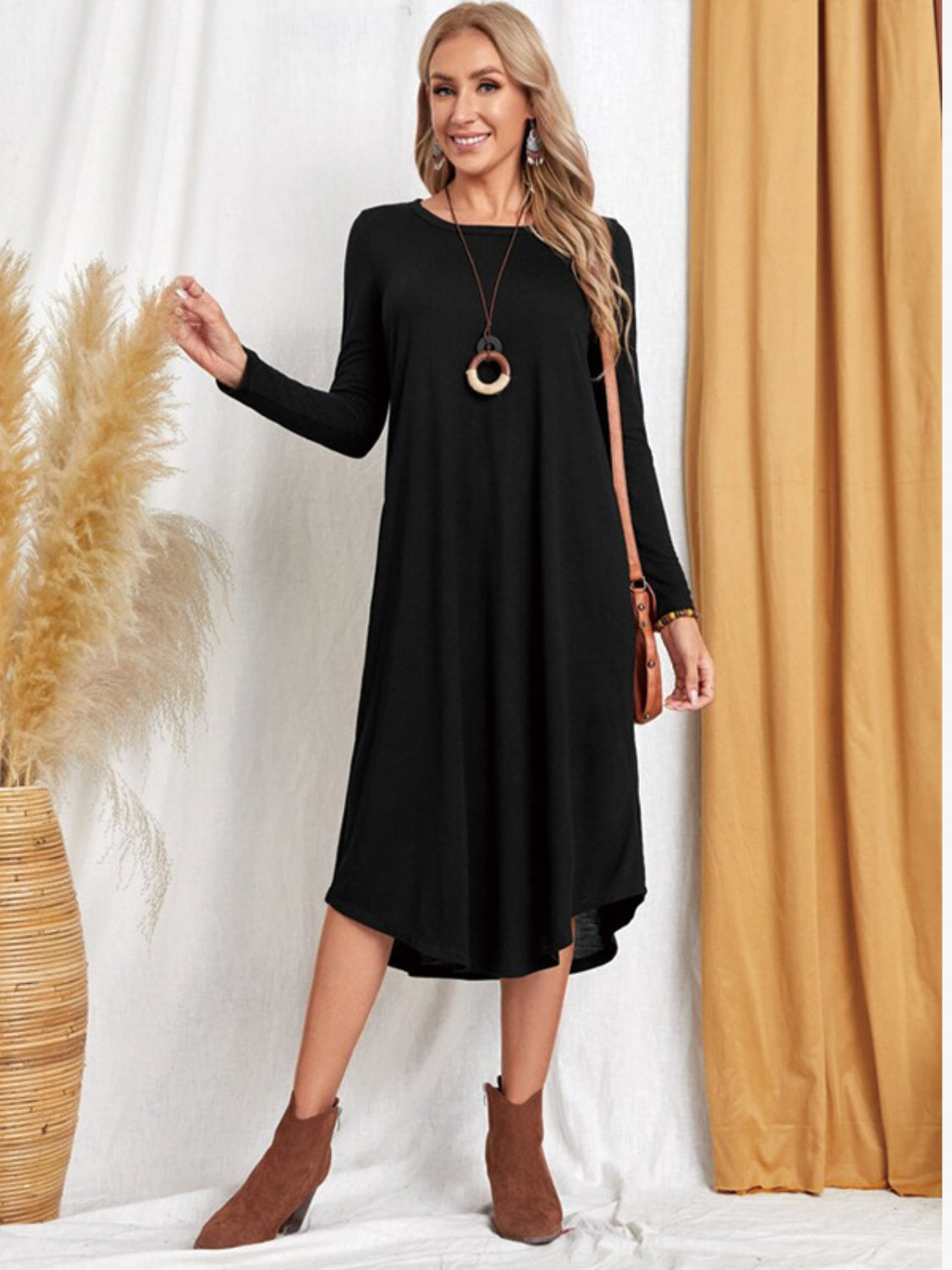 Pocketed Round Neck Long Sleeve Tee Dress **also in grey, black, burgundy, yellow green, and dusty blue