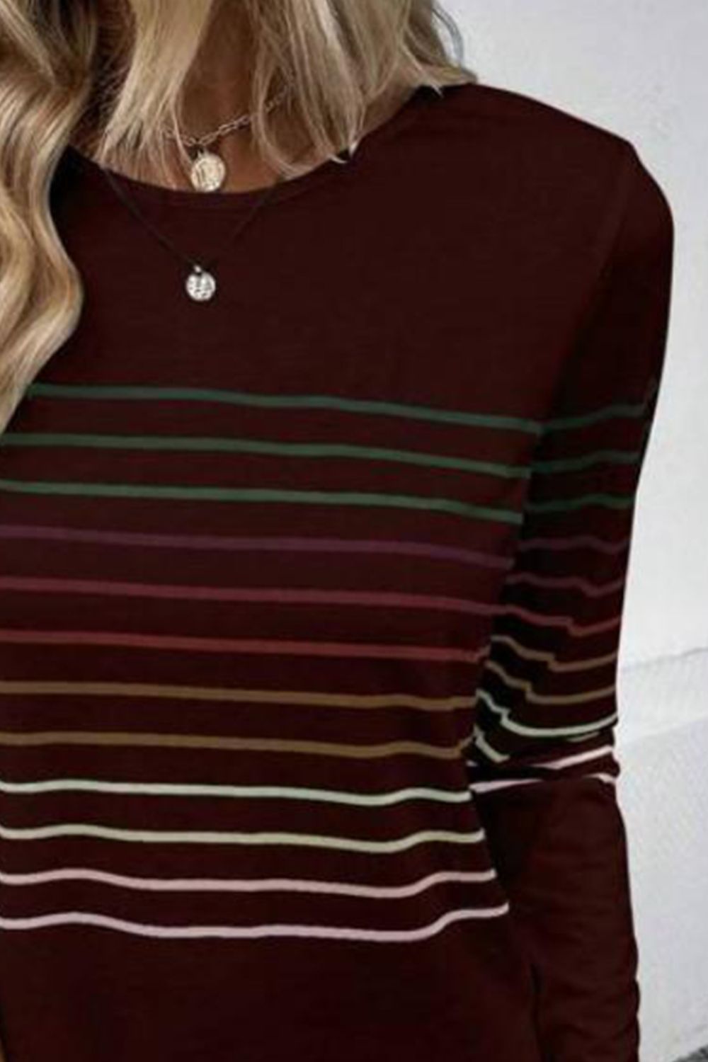 Striped Round Neck Long Sleeve T-Shirt **also in black, green, teal, grey, and burgundy