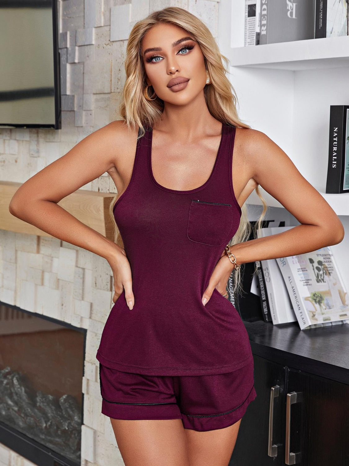 Scoop Neck Wide Strap Tank and Shorts Lounge Set **also in pastel blue, deep red, wine and teal