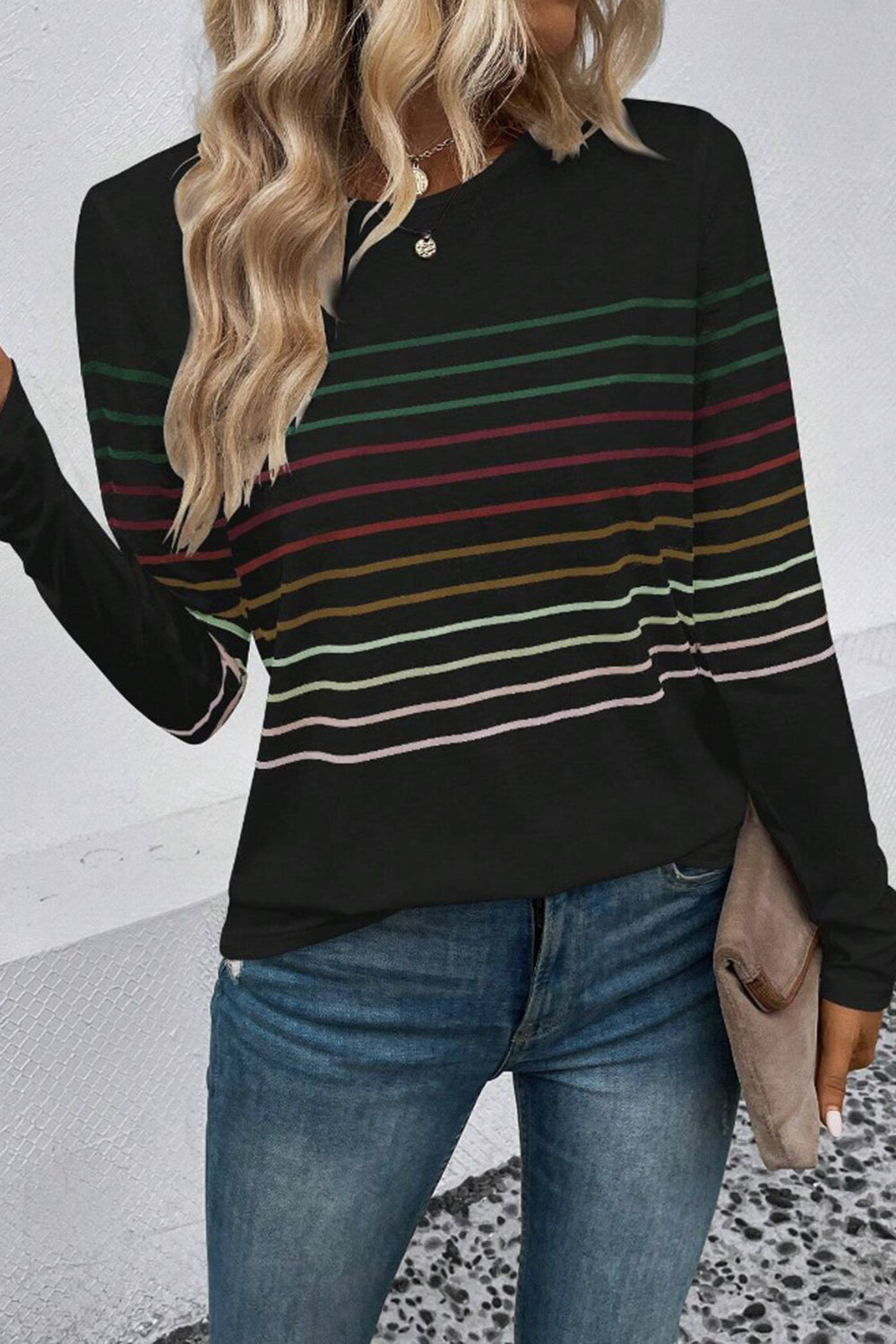 Striped Round Neck Long Sleeve T-Shirt **also in black, green, teal, grey, and burgundy