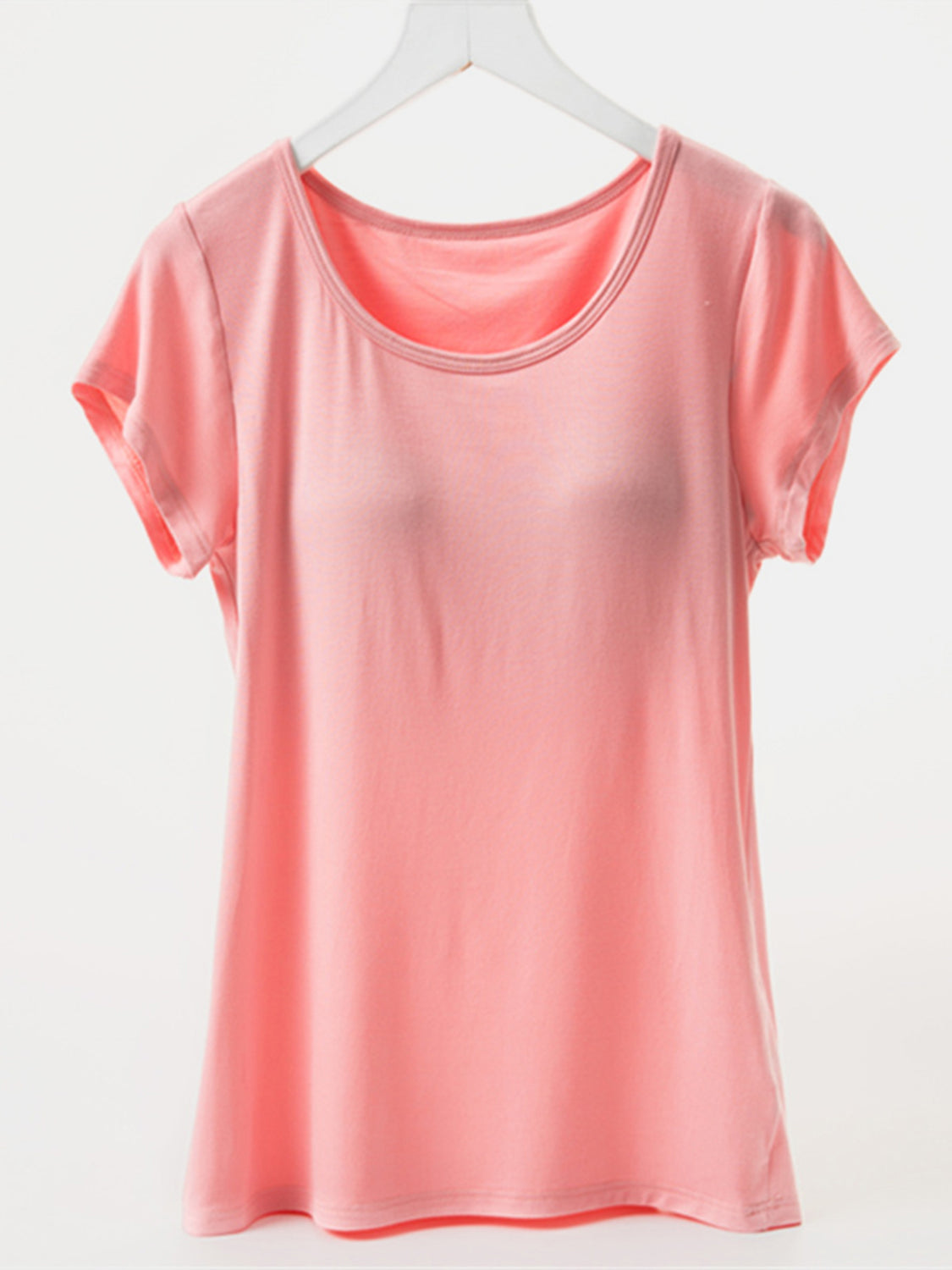 Round Neck Short Sleeve T-Shirt with Built-In Bra with Cups **also in champagne, white, black, grey, and lavender