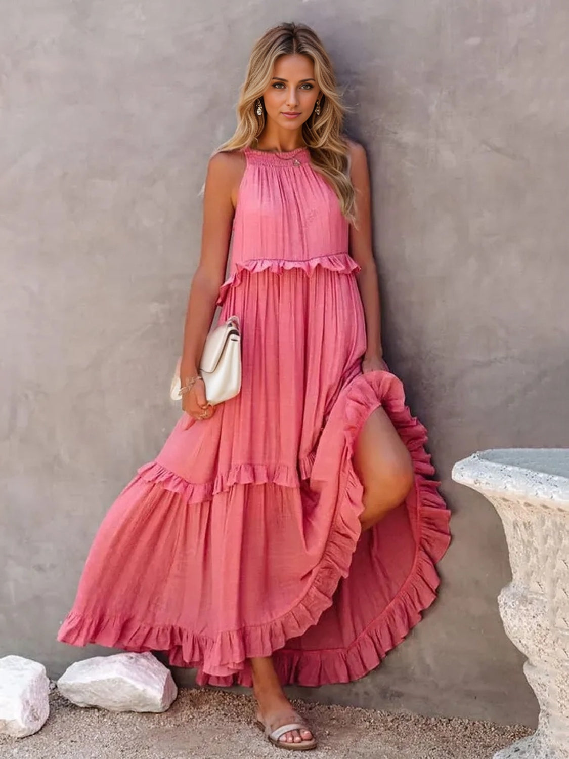 Full Size Ruffled Sleeveless Tiered Maxi Dress with Pockets **available in 8 colors