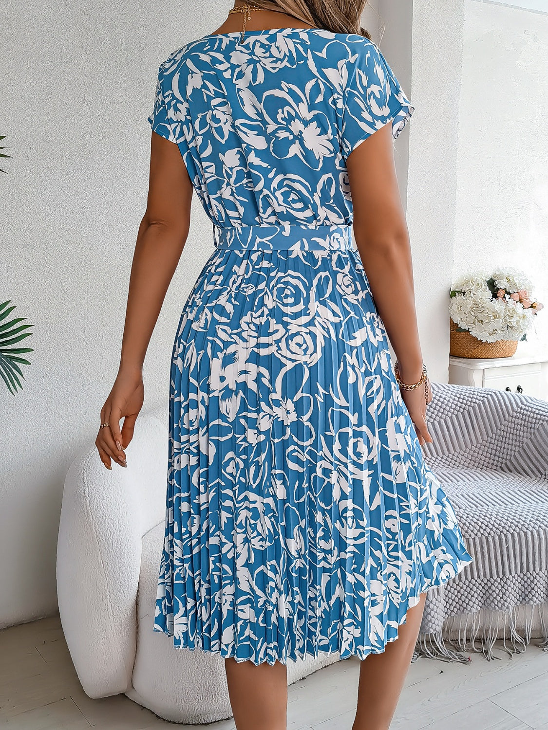 Tied Pleated Printed Short Sleeve Dress **also in pink, burgundy, pastel blue, and green