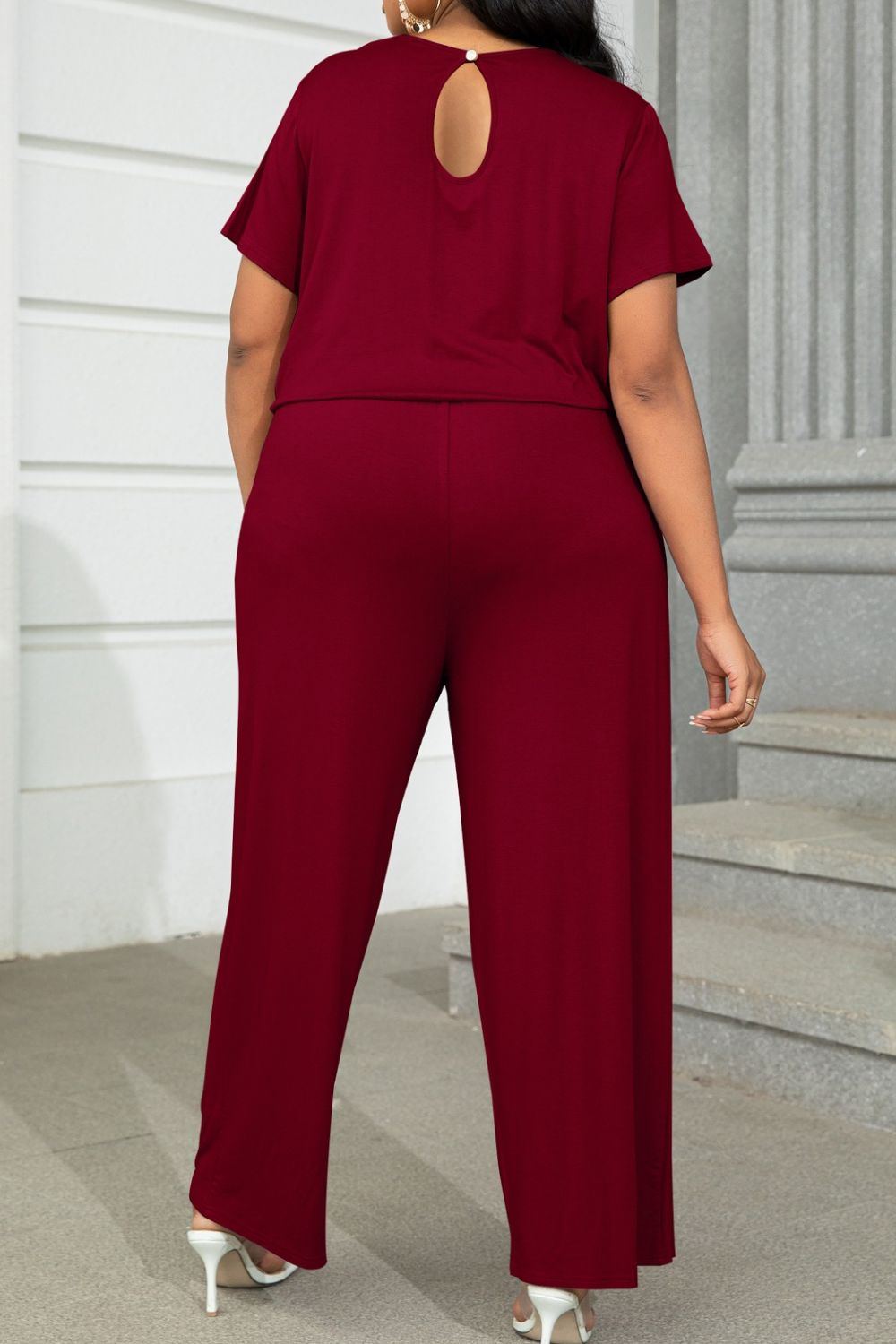 Plus Size Drawstring Waist Short Sleeve Jumpsuit **also in forest, wine, moss, and tan