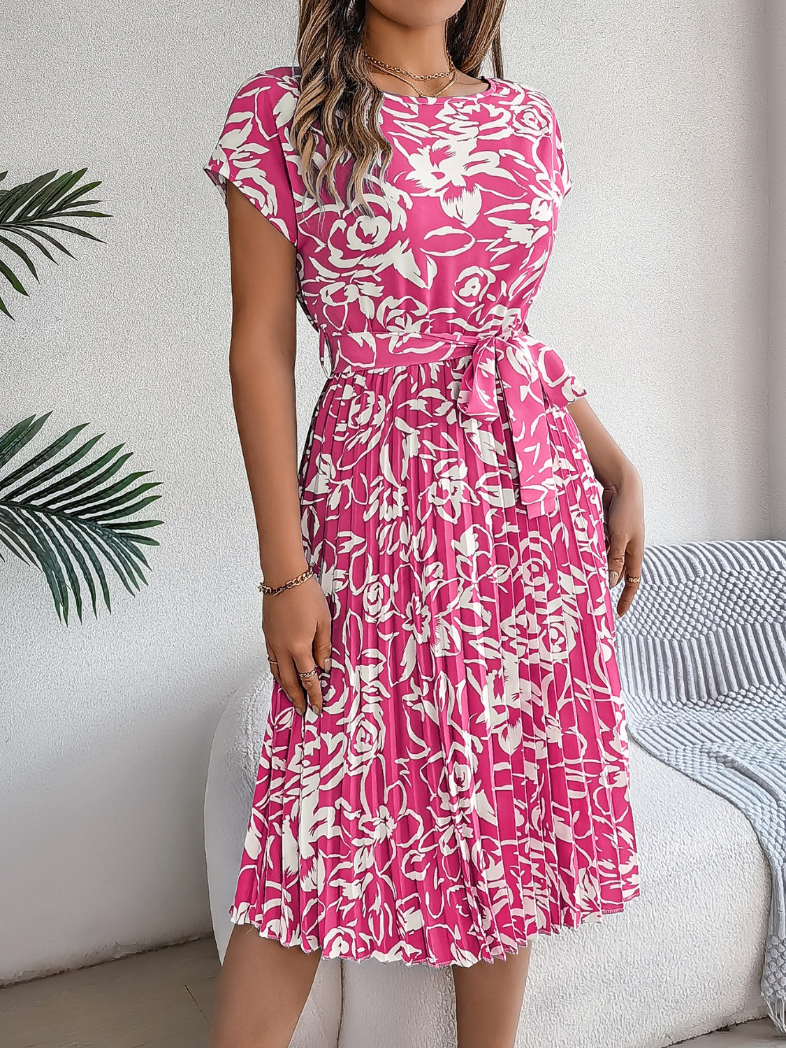 Tied Pleated Printed Short Sleeve Dress **also in pink, burgundy, pastel blue, and green