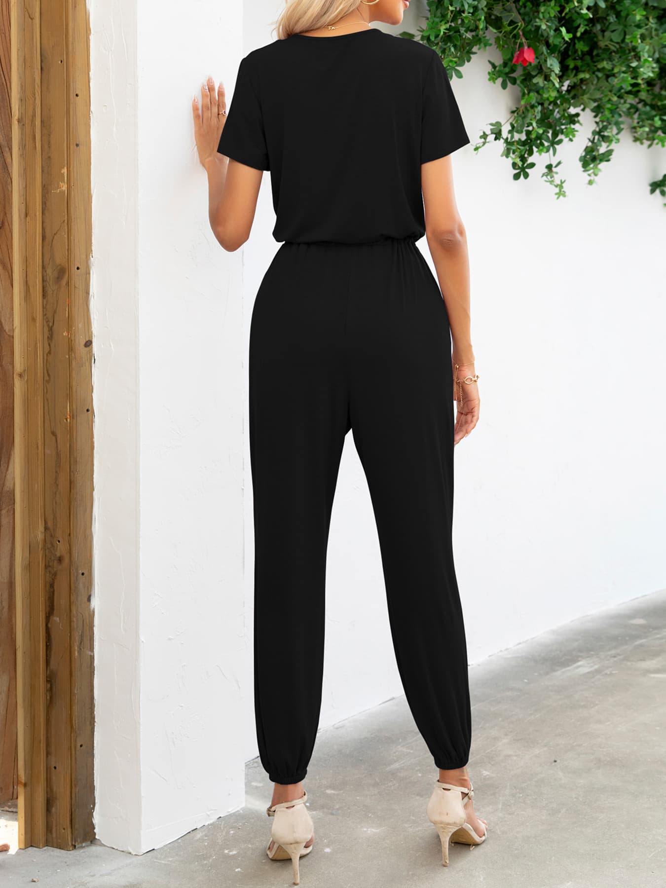 Short Sleeve V-Neck Jumpsuit with Pockets **also in deep red, navy, green, cobalt, and khaki