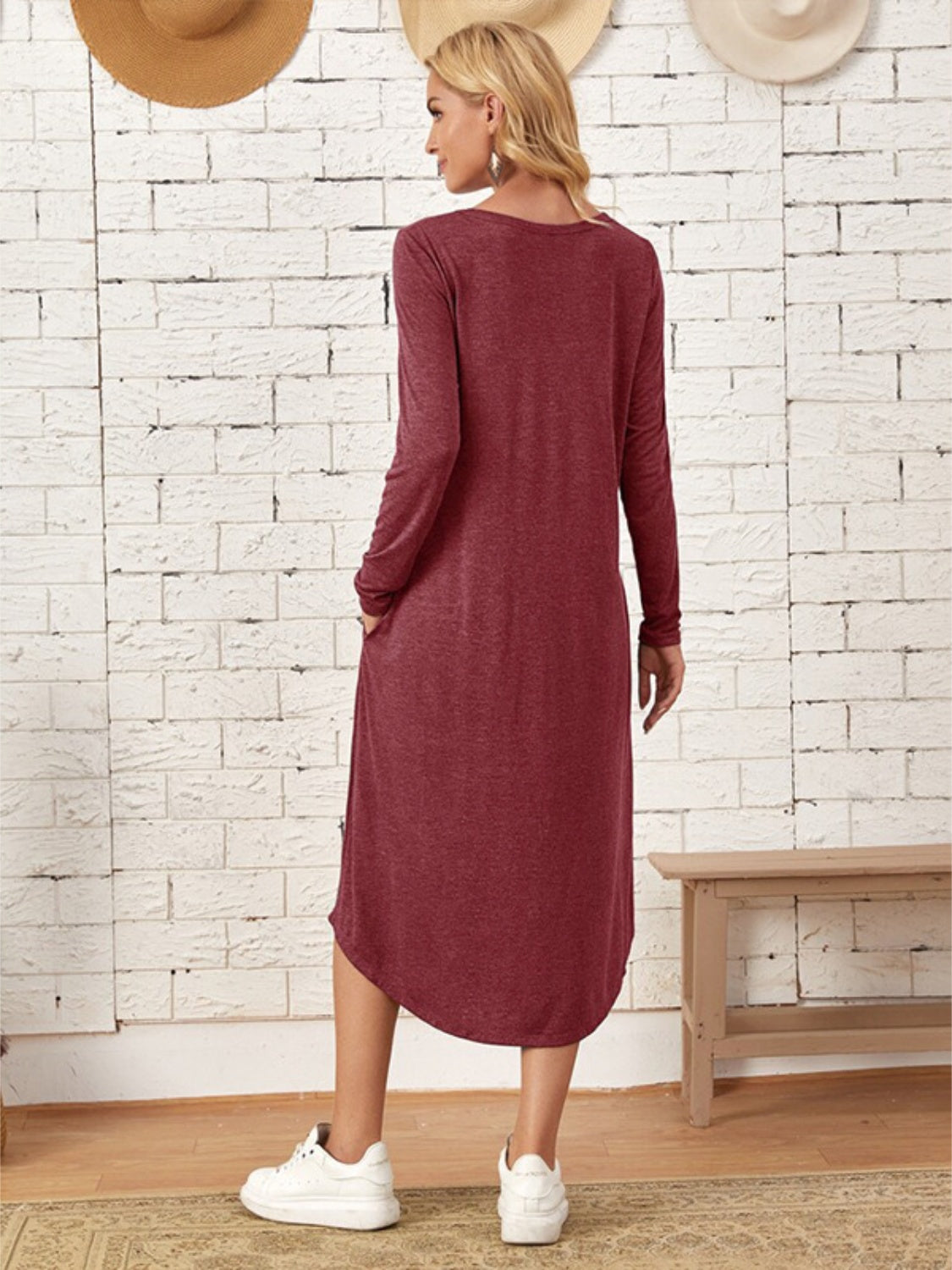 Pocketed Round Neck Long Sleeve Tee Dress **also in grey, black, burgundy, yellow green, and dusty blue