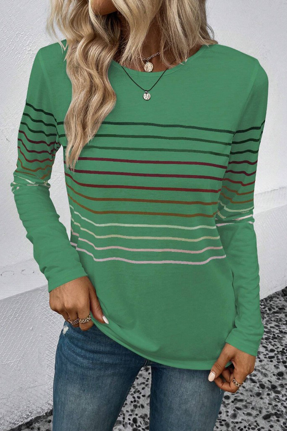 Striped Round Neck Long Sleeve T-Shirt **also in black, green, teal, grey, and burgundy