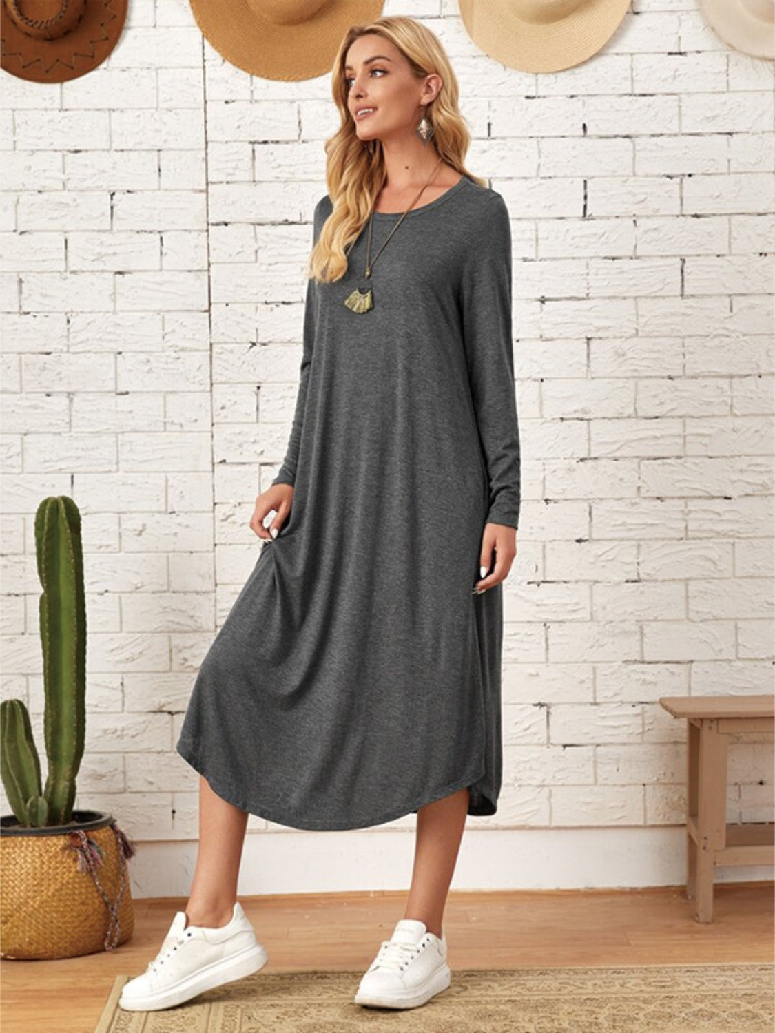 Pocketed Round Neck Long Sleeve Tee Dress **also in grey, black, burgundy, yellow green, and dusty blue