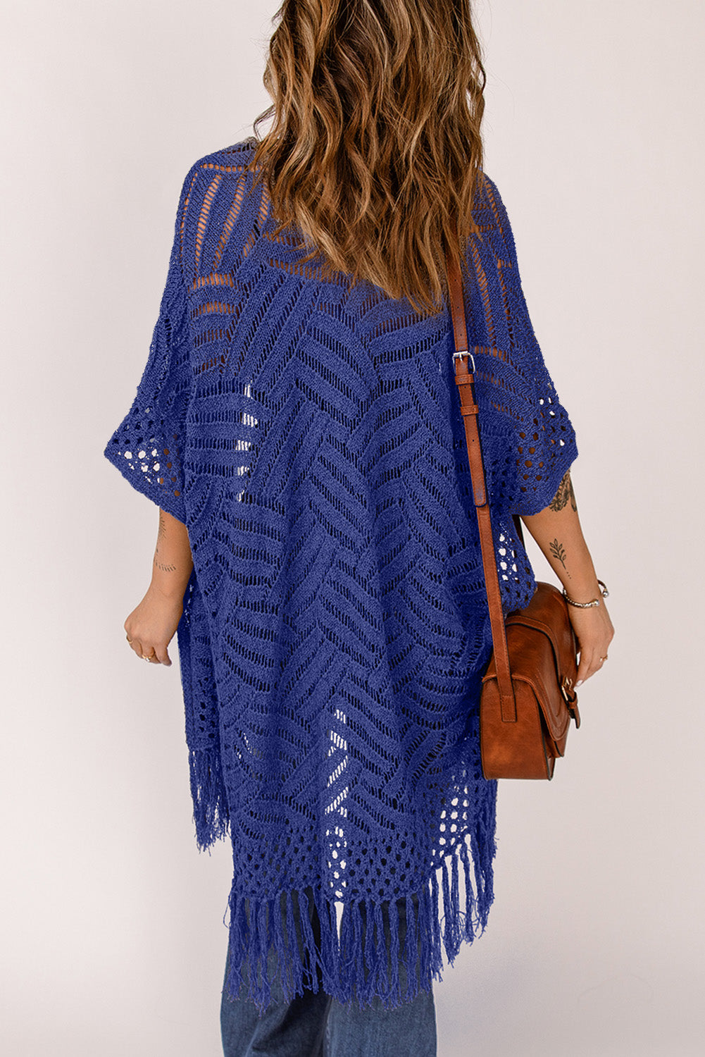 SYNZ Openwork Open Front Cardigan with Fringes **also in light or dark blue, lavender, and dark green