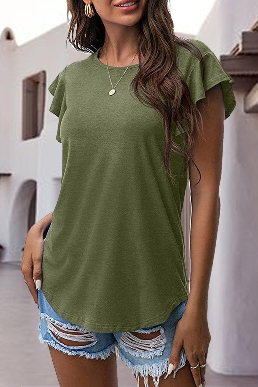 Ruffled Round Neck Cap Sleeve Tee **available in 12 colors