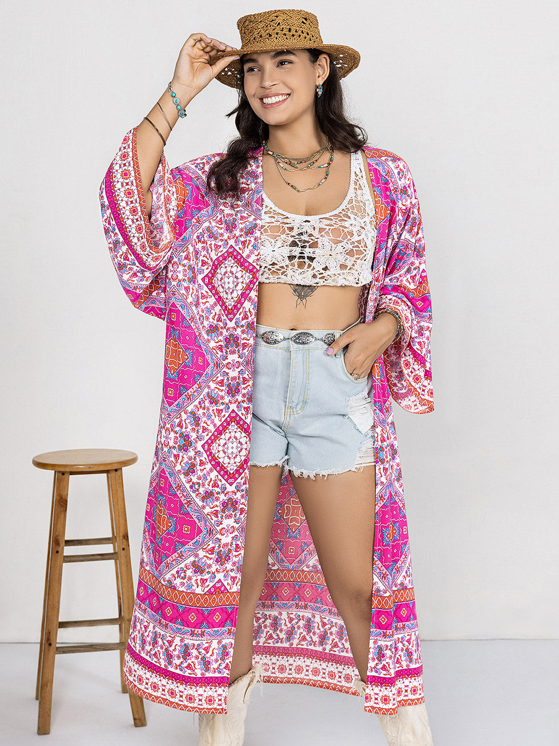 Double Take Plus Size Printed Open Front Longline Kimono **also in yellow and hot pink