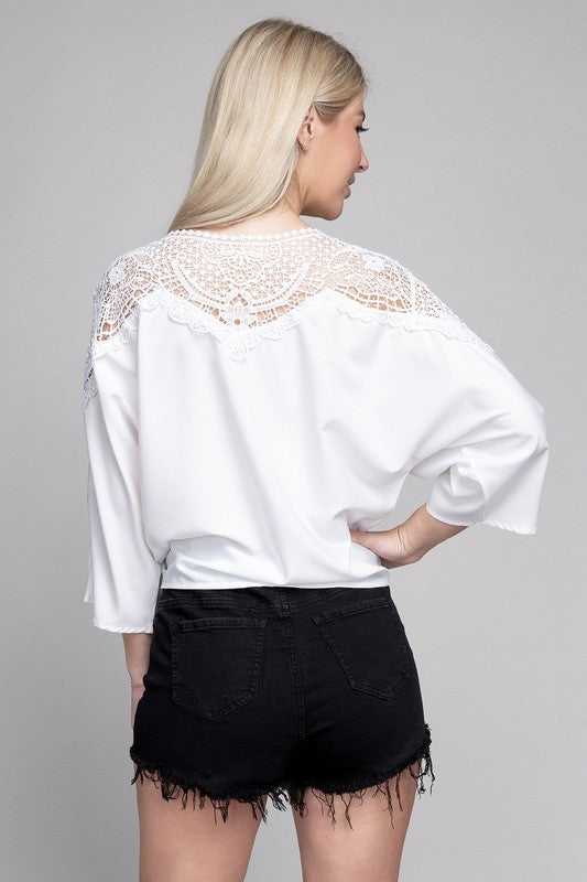 Nuvi Apparel - Lace Yolk Blouse with Tie **also available in black