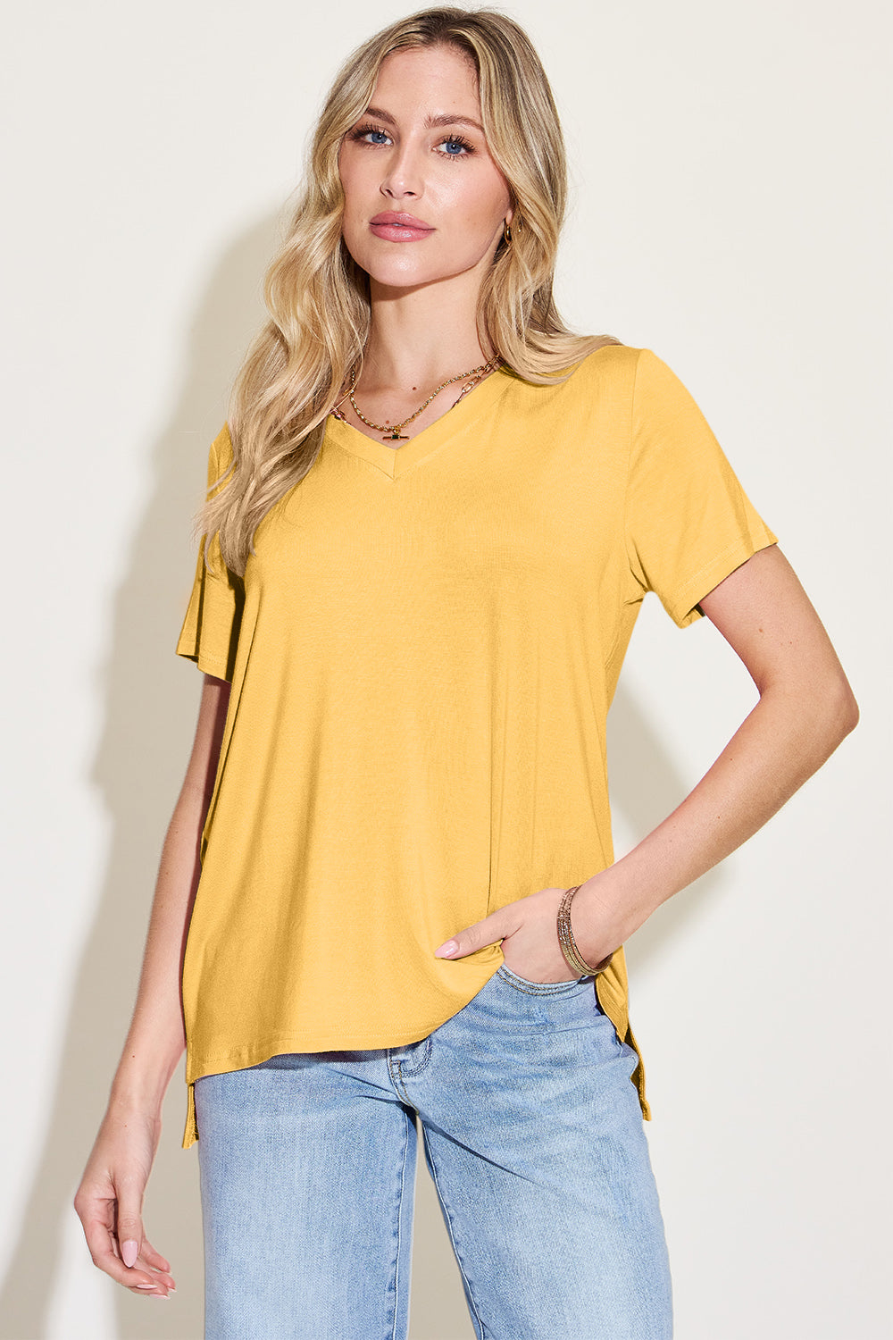 Basic Bae Bamboo Full Size V-Neck High-Low T-Shirt **also in coral, black, white, and lavendar