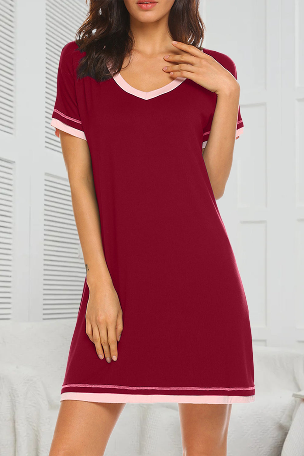 Contrast Trim Short Sleeve Lounge Dress **available in 11 colors