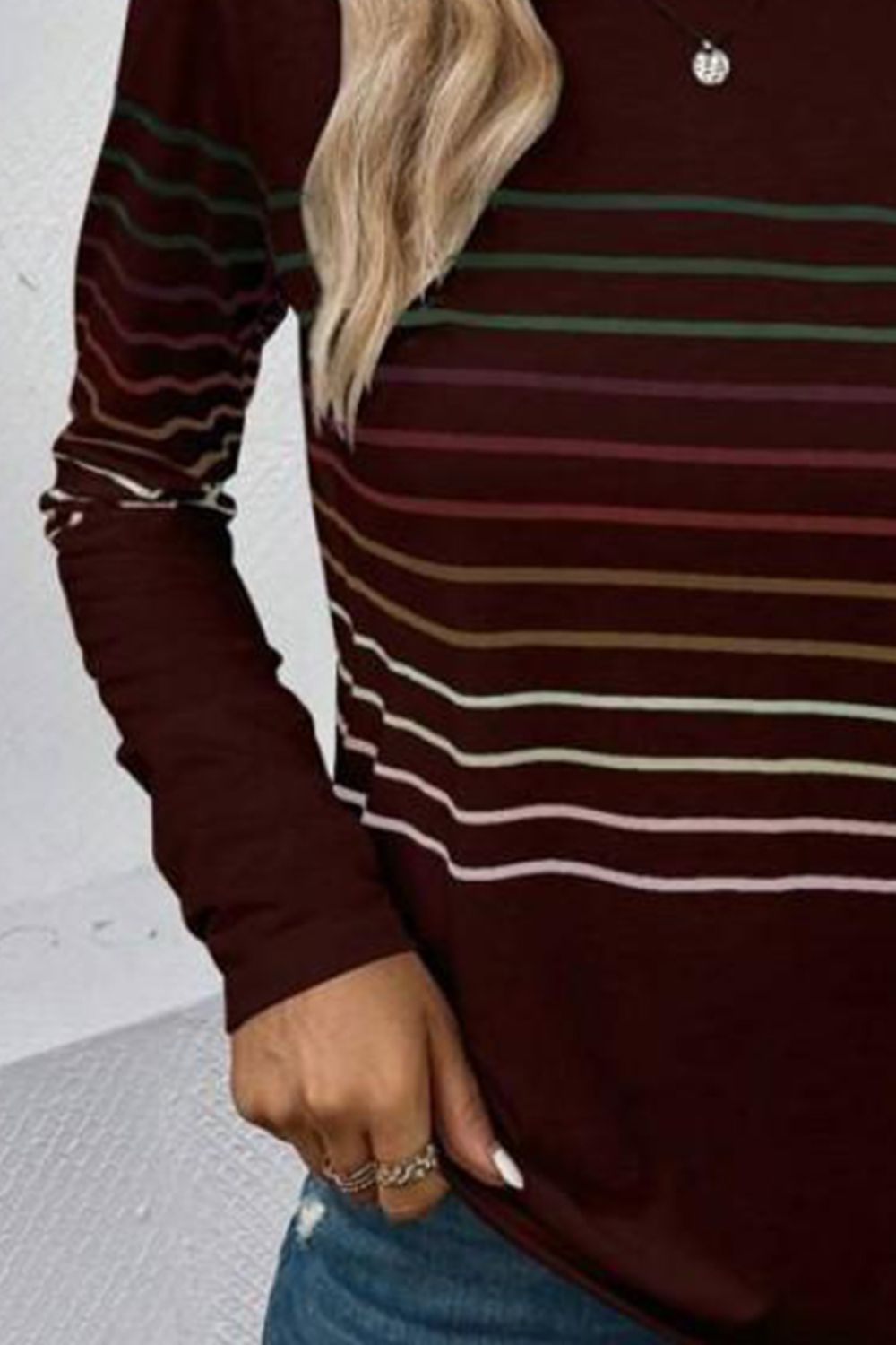 Striped Round Neck Long Sleeve T-Shirt **also in black, green, teal, grey, and burgundy