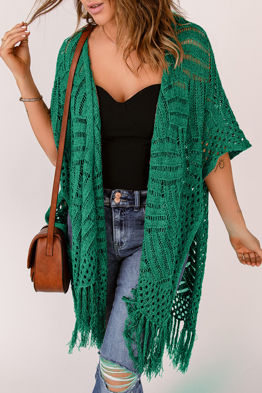 SYNZ Openwork Open Front Cardigan with Fringes **also in light or dark blue, lavender, and dark green