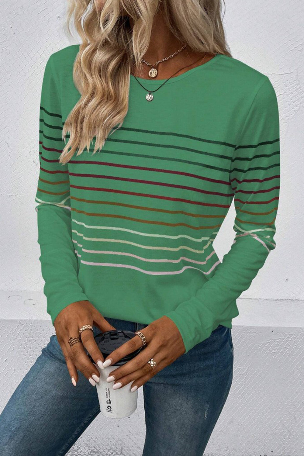 Striped Round Neck Long Sleeve T-Shirt **also in black, green, teal, grey, and burgundy