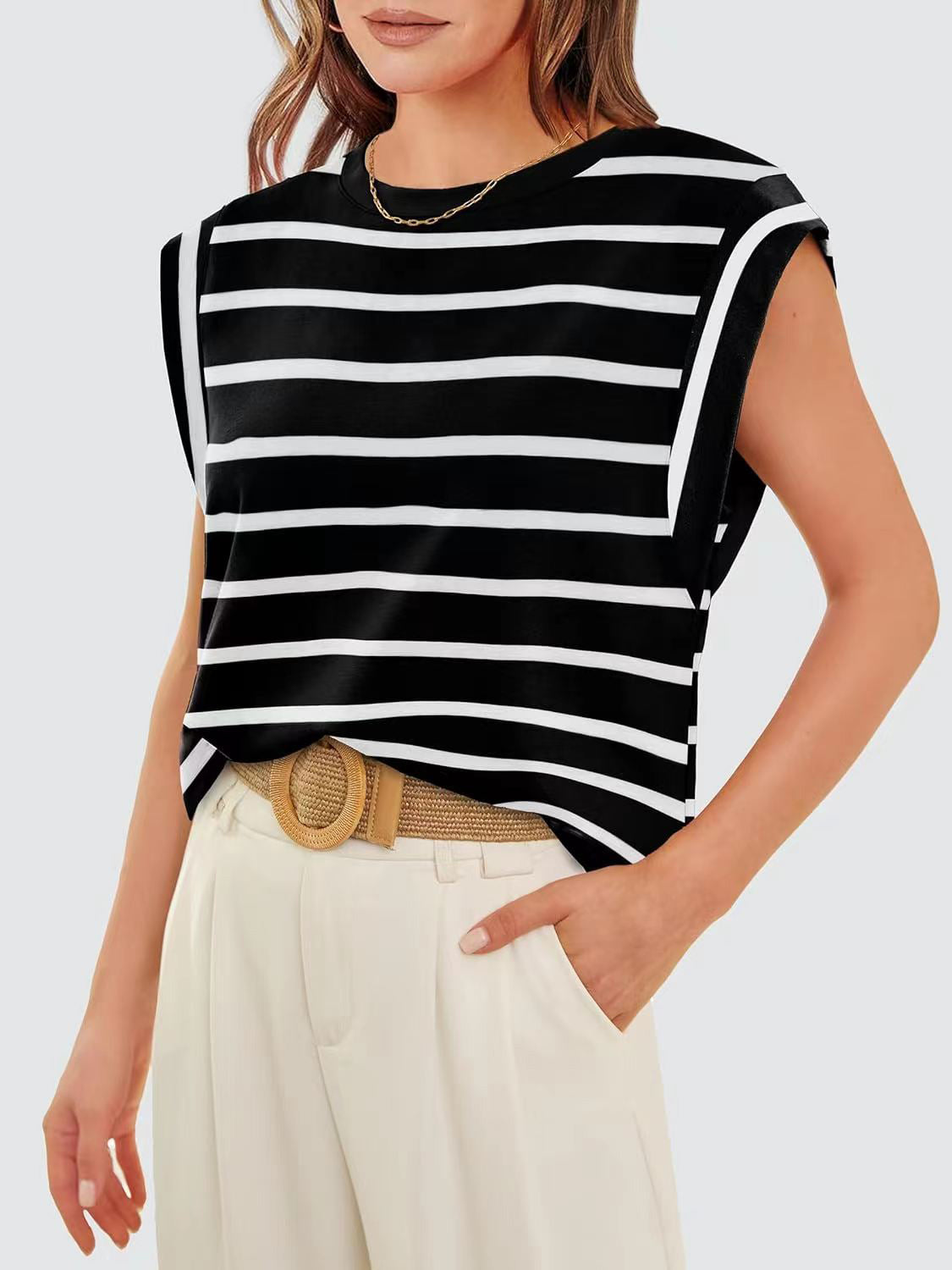 Nautical Striped Round Neck Cap Sleeve T-Shirt **also in red, cloudy blue, white, and navy