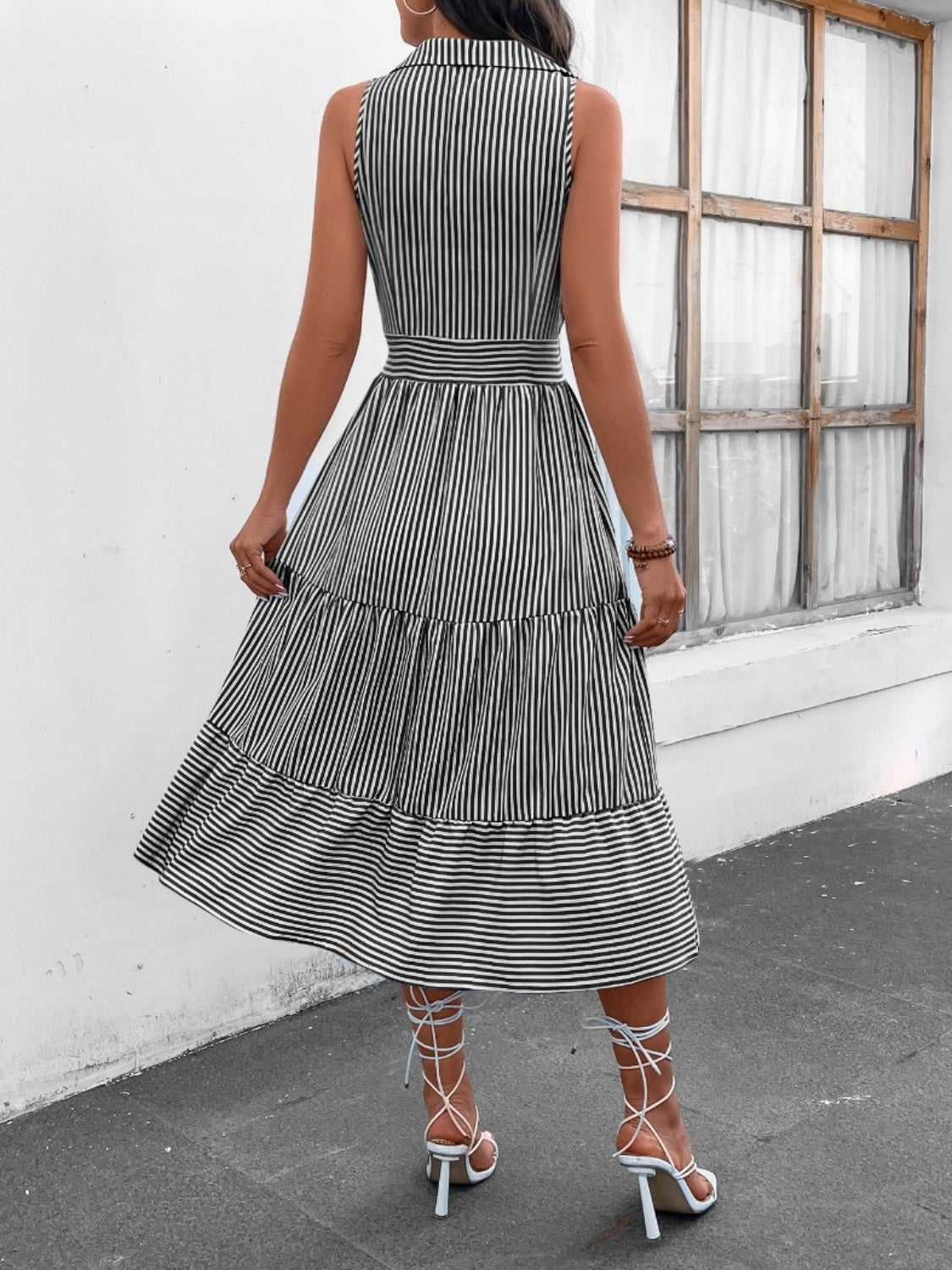 Striped Johnny Collar Sleeveless Midi Dress **also in misty blue, pink, yellow, mauve, dusty blue, lavender