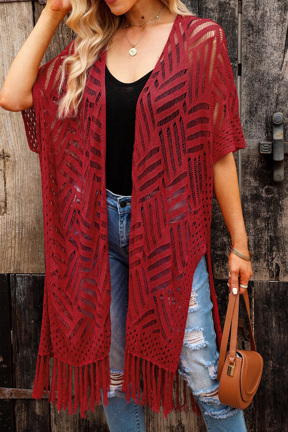 SYNZ Openwork Open Front Cardigan with Fringes **also in light or dark blue, lavender, and dark green