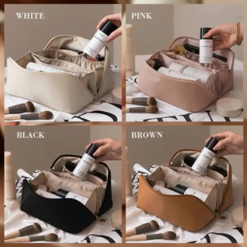 All-in-1 genuine leather makeup and toiletry bag that's perfect for travel. Shown in white, pink, black, and brown.