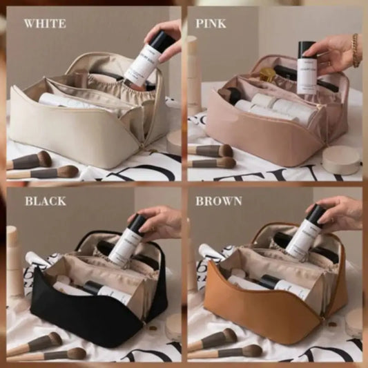 All-in-1 genuine leather makeup and toiletry bag that's perfect for travel. Shown in white, pink, black, and brown.