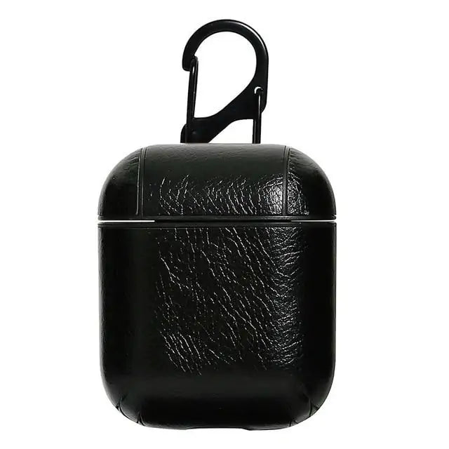 Black genuine leather Apple airpod case with a flip top and caribiner clip≥