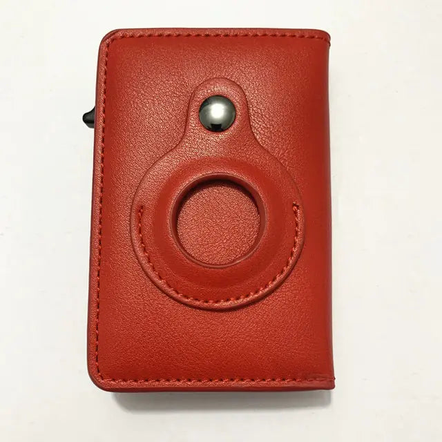 Red vegan leather airtag wallet with card slider and RFID blocking technology.